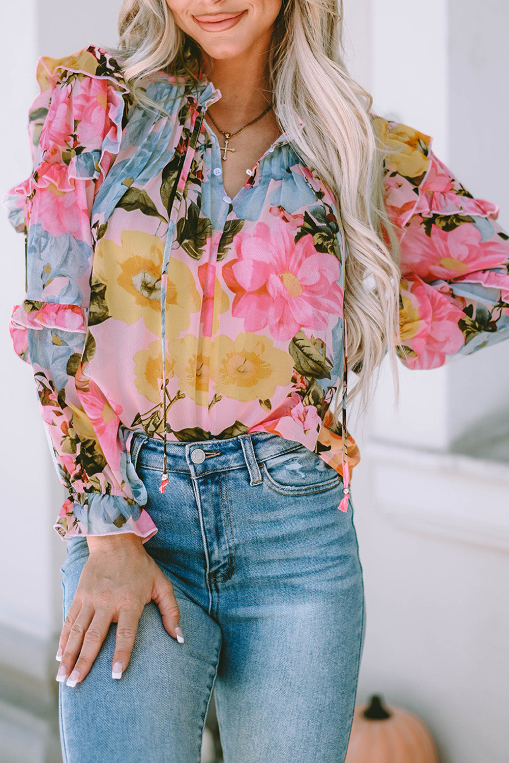 Pink Notched Neck Ruffle Floral Dress