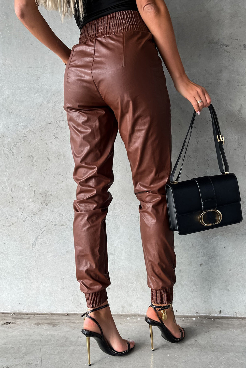 Black Smocked High-Waist Leather Skinny Pants