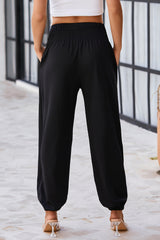 Black Smocked High Waist Joggers