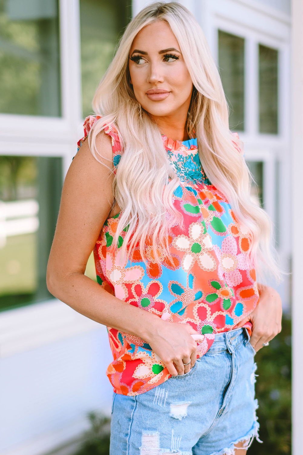 Purple Boho Flower Print Puff Short Sleeve Top