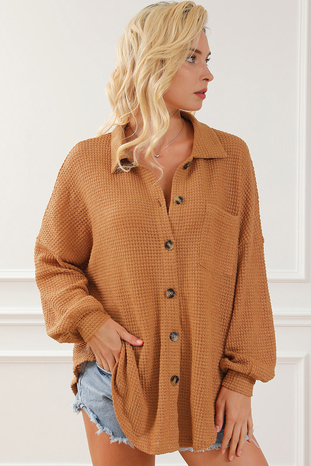 Black Plus Size Chest Pocket Waffle Knit Shirt