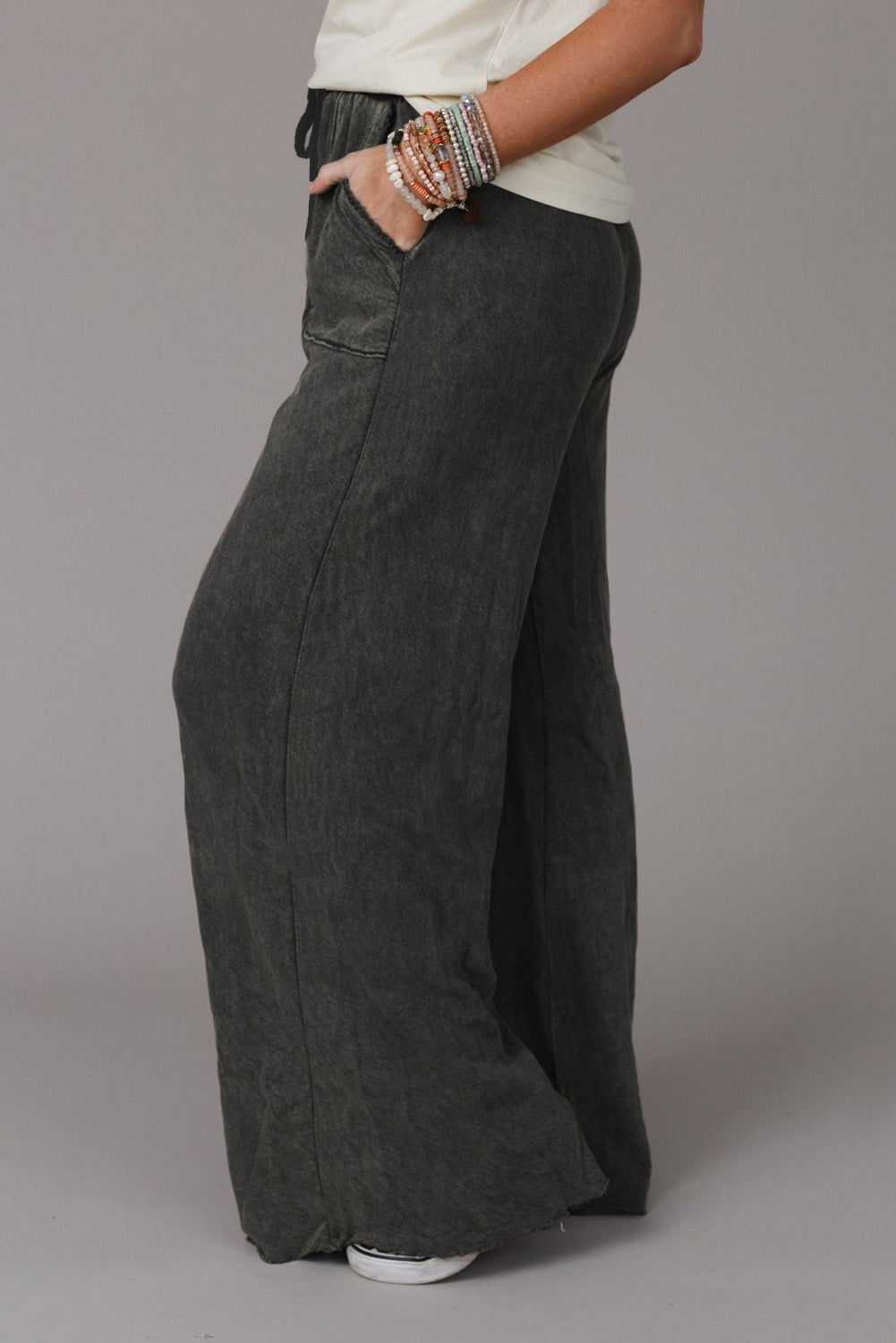 Gray Mineral Washed  Drawstring Retro Wide Leg Pants