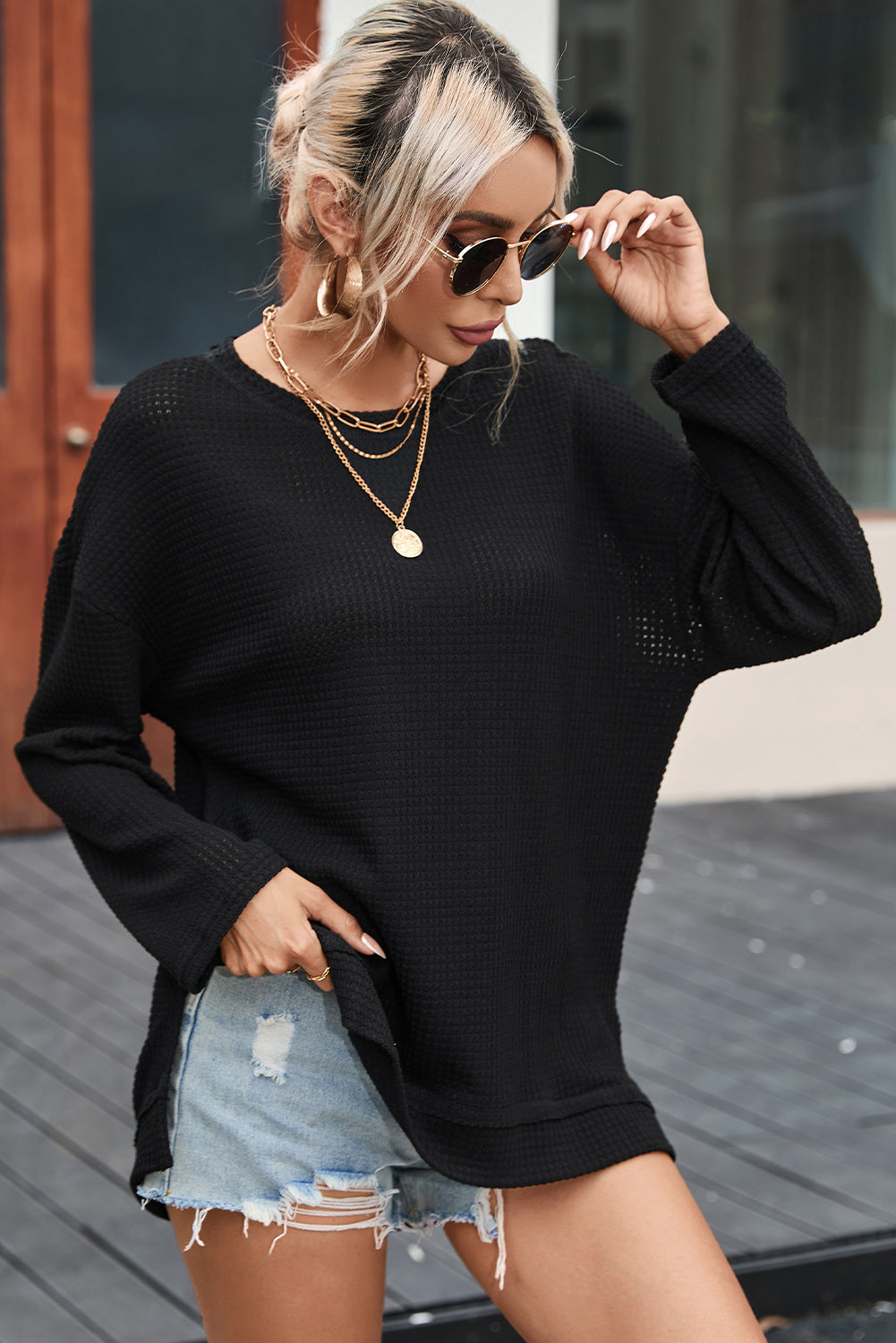 Khaki Waffle Knit High Slits Oversized Top