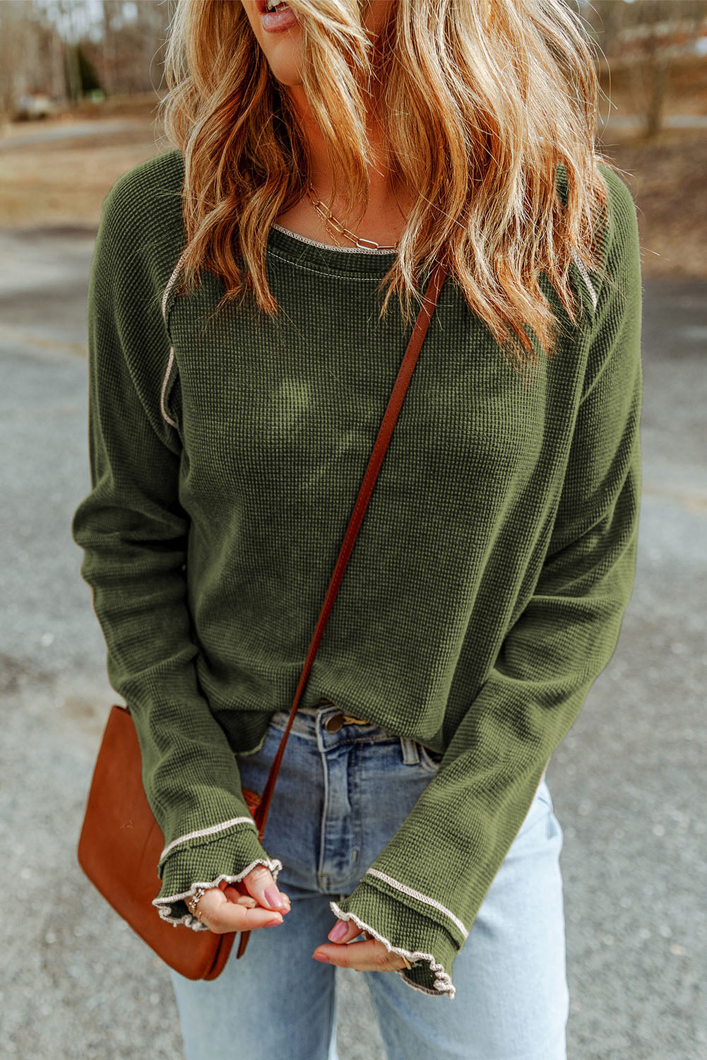 Fiery Red Textured Round Neck Long Sleeve Top