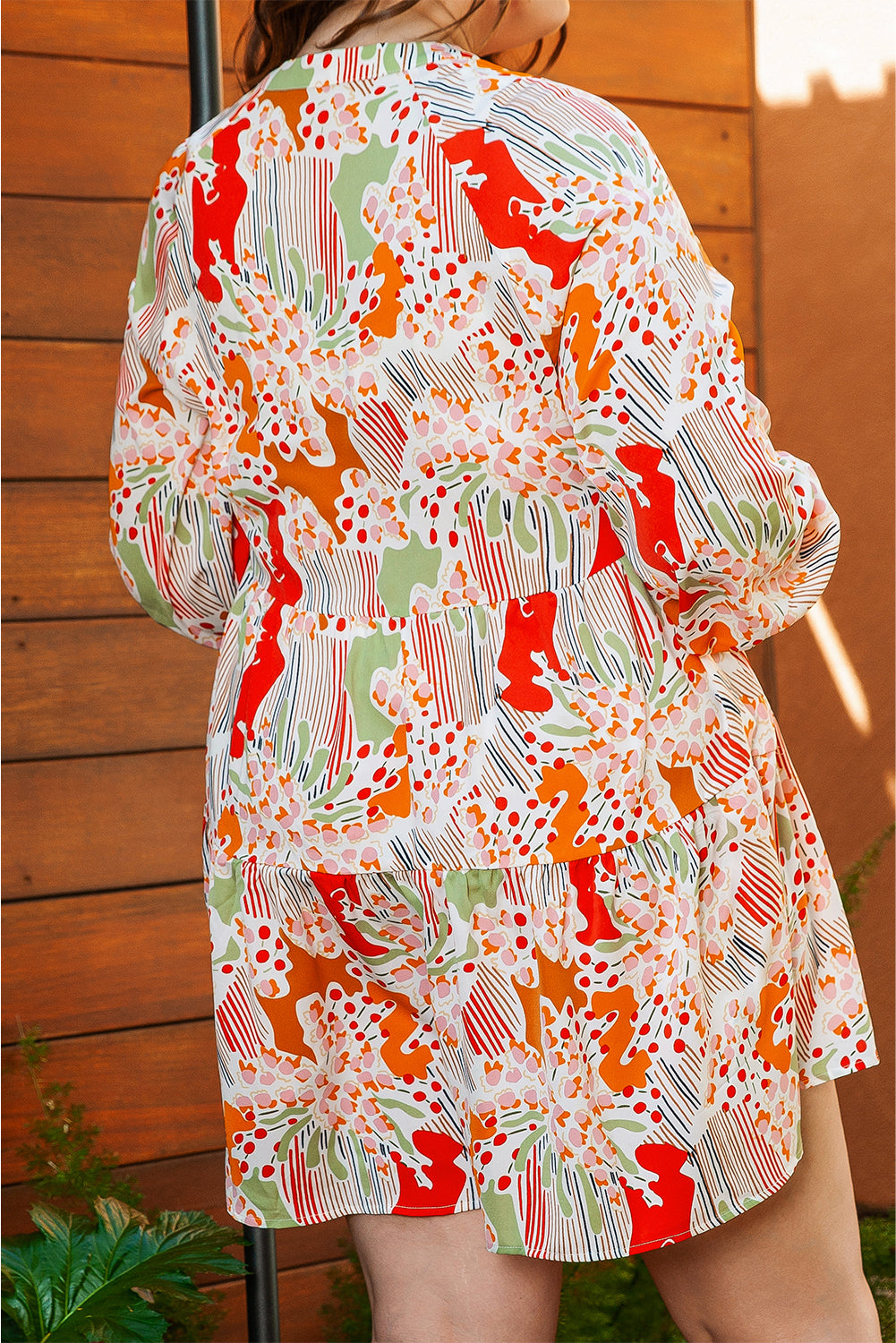 Orange Printed Floral Abstract Print Frilled V Neck Plus Size Blouse