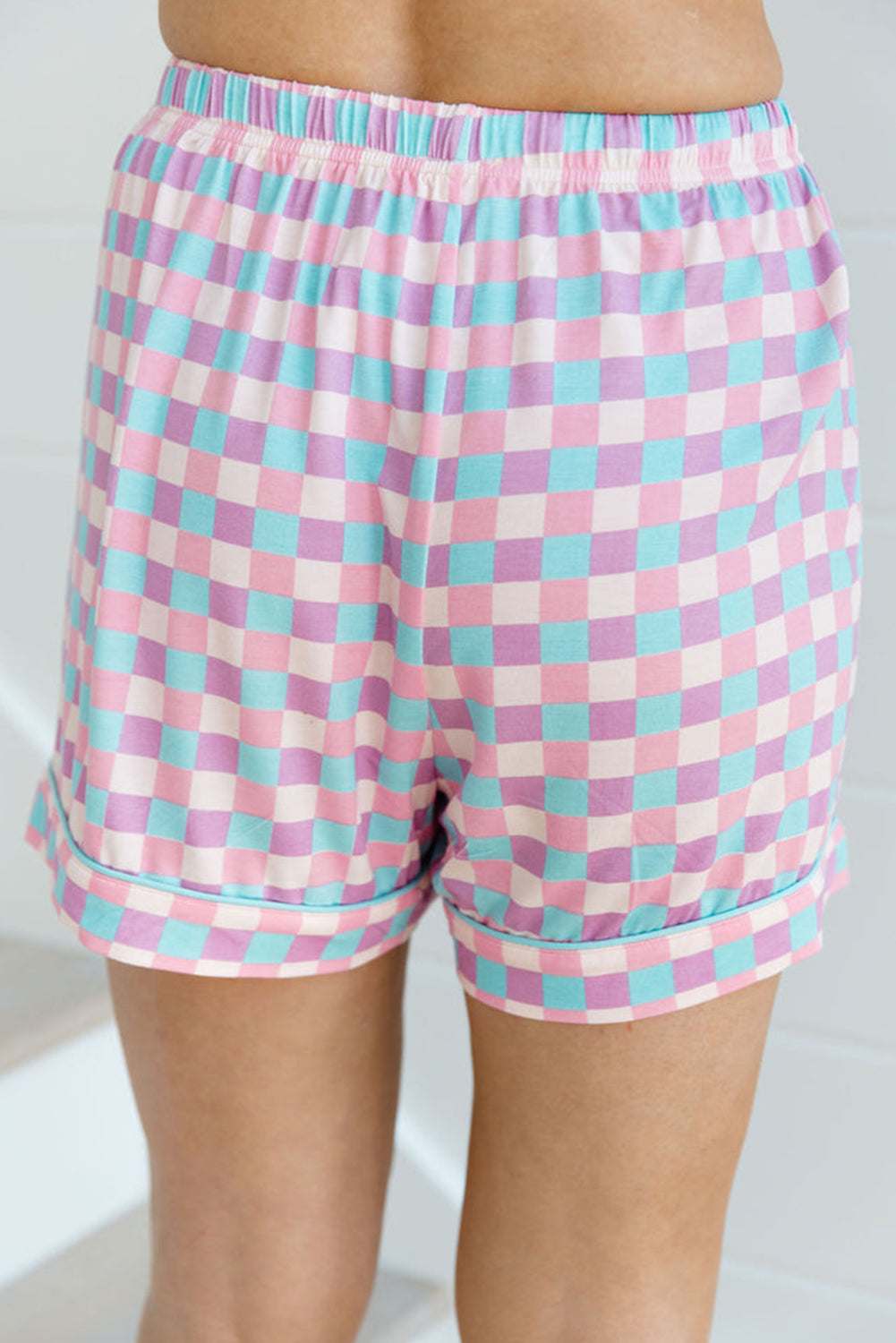 Purple Checkered Pattern Short Sleeve Pajamas Set