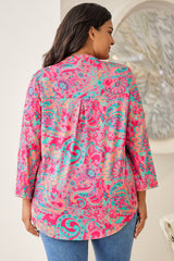 Pink Printed Plus Size Paisley Print V Neck Roll Tab Sleeve Blouse