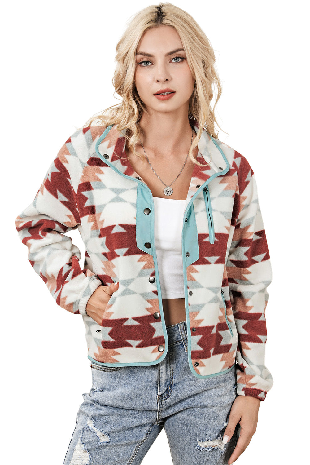 Fiery Red Geometric Aztec Pattern Plus Size Fleece Jacket