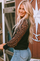 Apricot Leopard Print Long Sleeve Ribbed Knit Blouse