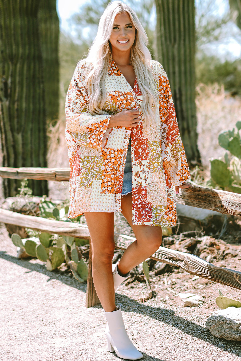 White Boho Patchwork Floral Open Front Kimono