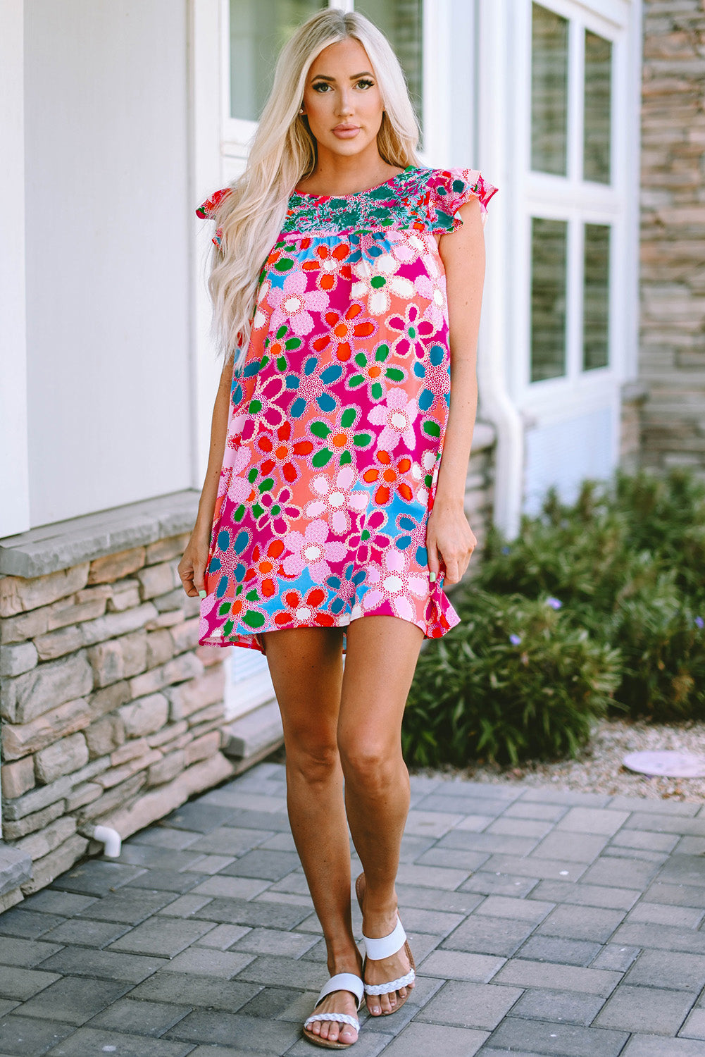 Purple Boho Flower Print Puff Short Sleeve Top