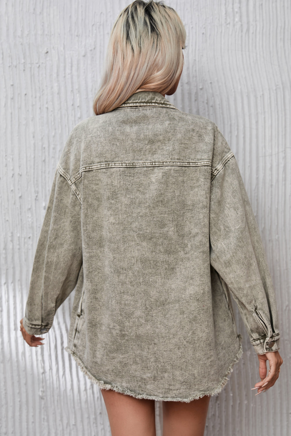 Sage Green Acid Wash Flap Pocket Raw Hem Tunic Denim Jacket