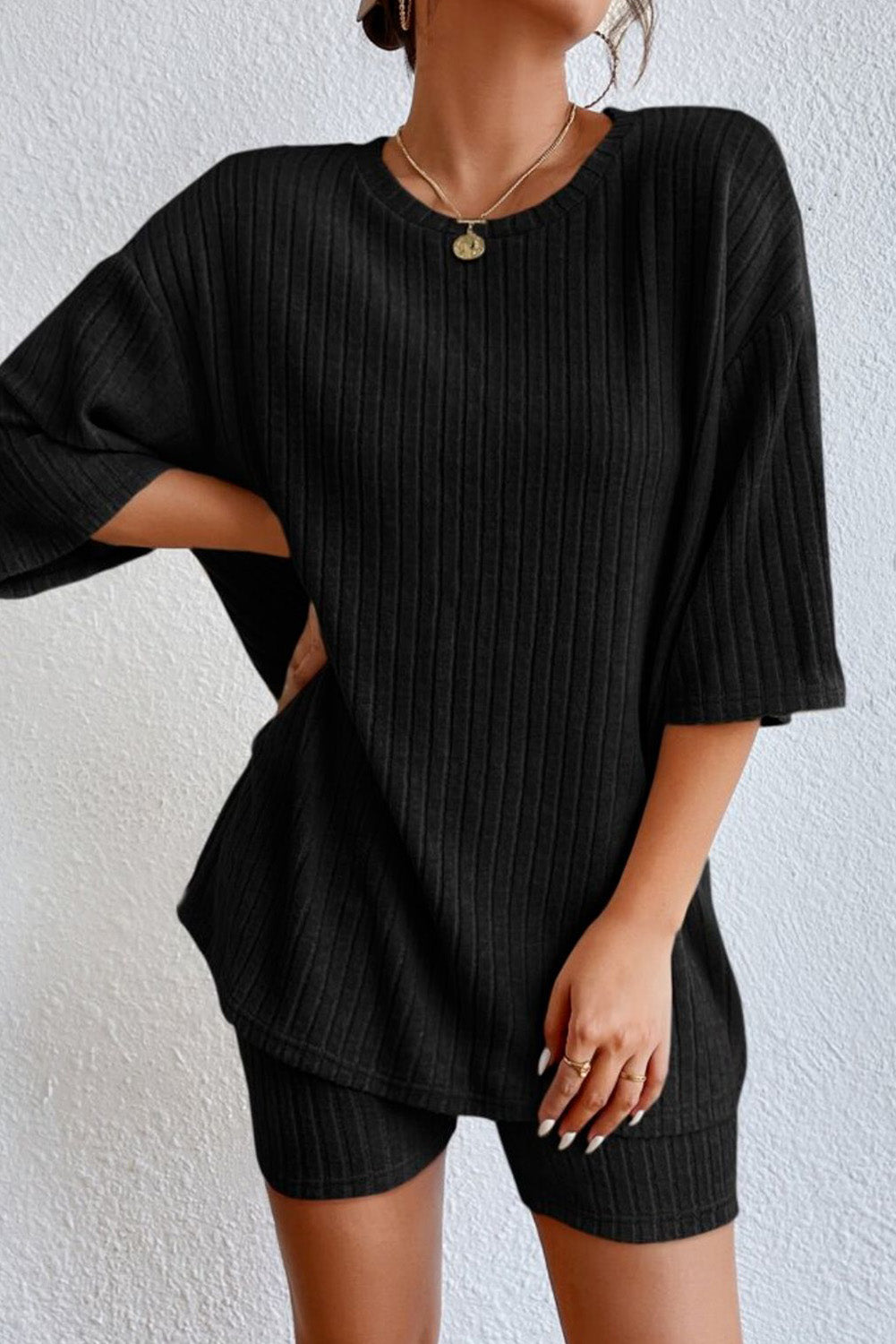 Black Ribbed Knit V Neck Slouchy Two-piece Outfit