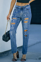 Buttoned Pockets Distressed Jeans