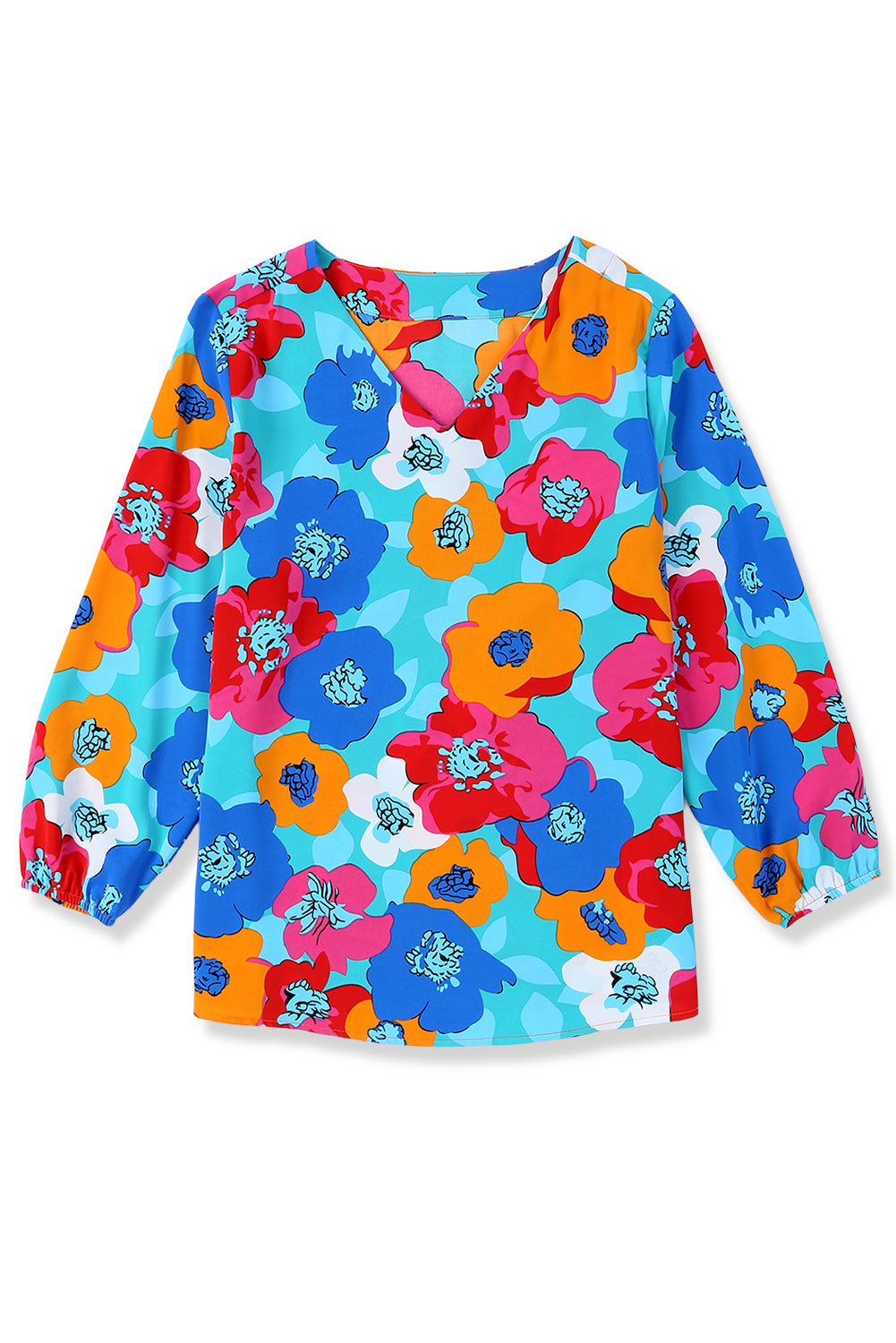 Sky Blue Multicolor Abstract Print High Neck Flutter Sleeves Top