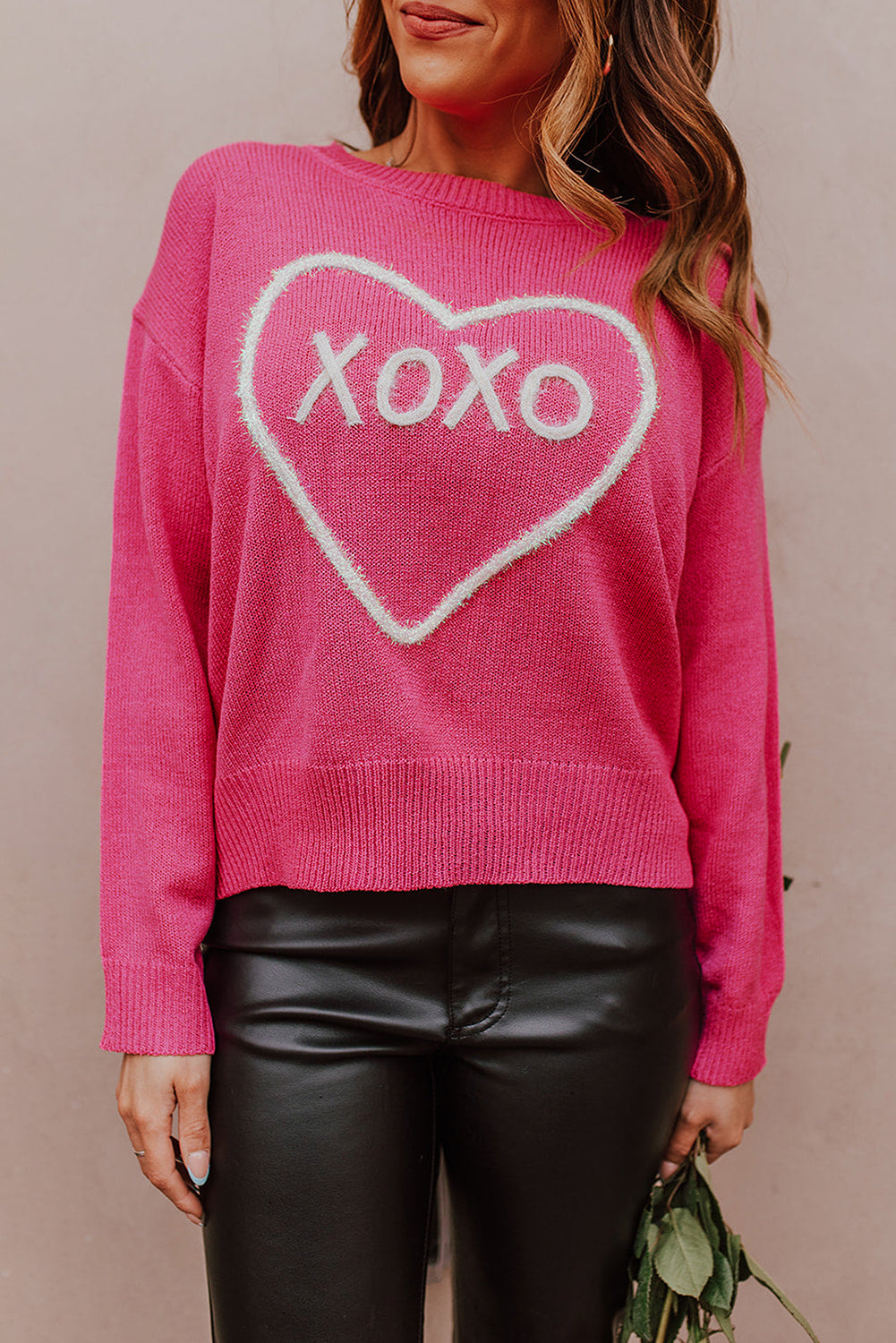 White Heart XOXO Pattern Drop Shoulder Rib Knit Sweater