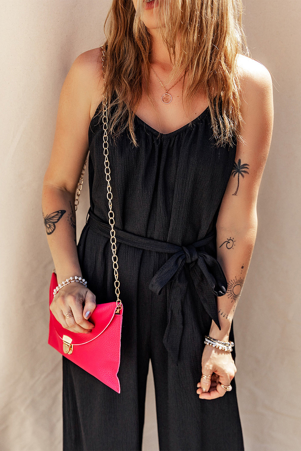 Black Textured Belted Wide Leg Sleeveless Jumpsuit