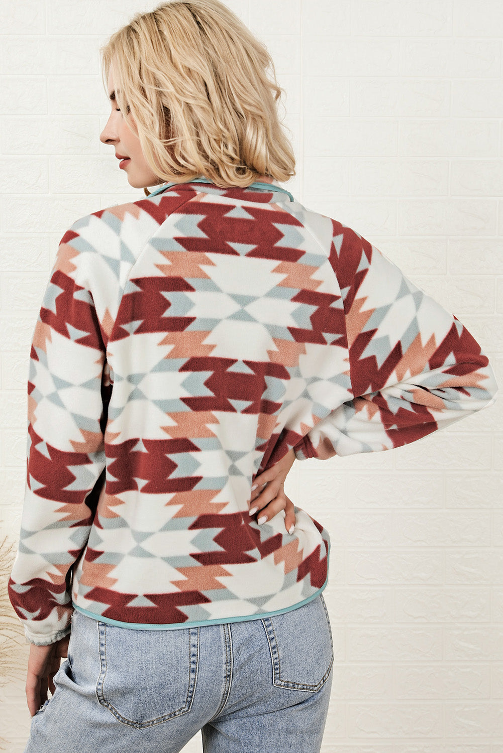 Fiery Red Geometric Aztec Pattern Plus Size Fleece Jacket