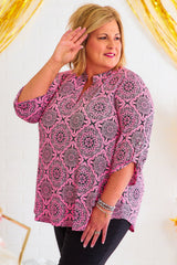 Pink Printed Plus Size Paisley Print V Neck Roll Tab Sleeve Blouse