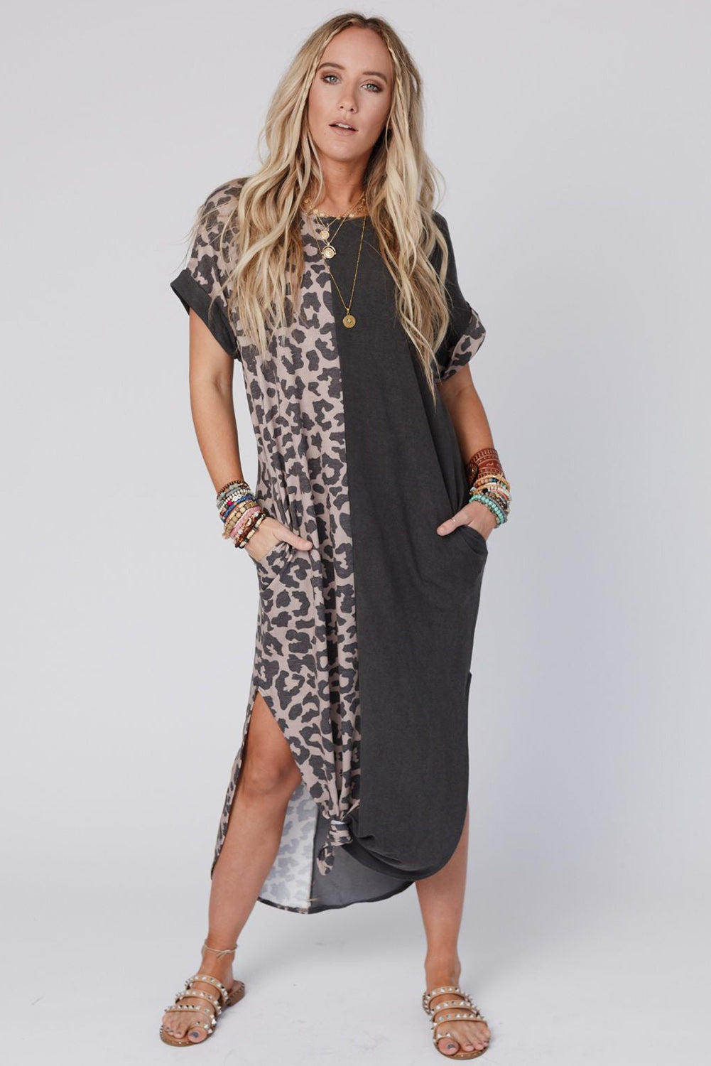 Rose Leopard Contrast Pocket Long Pajama Set