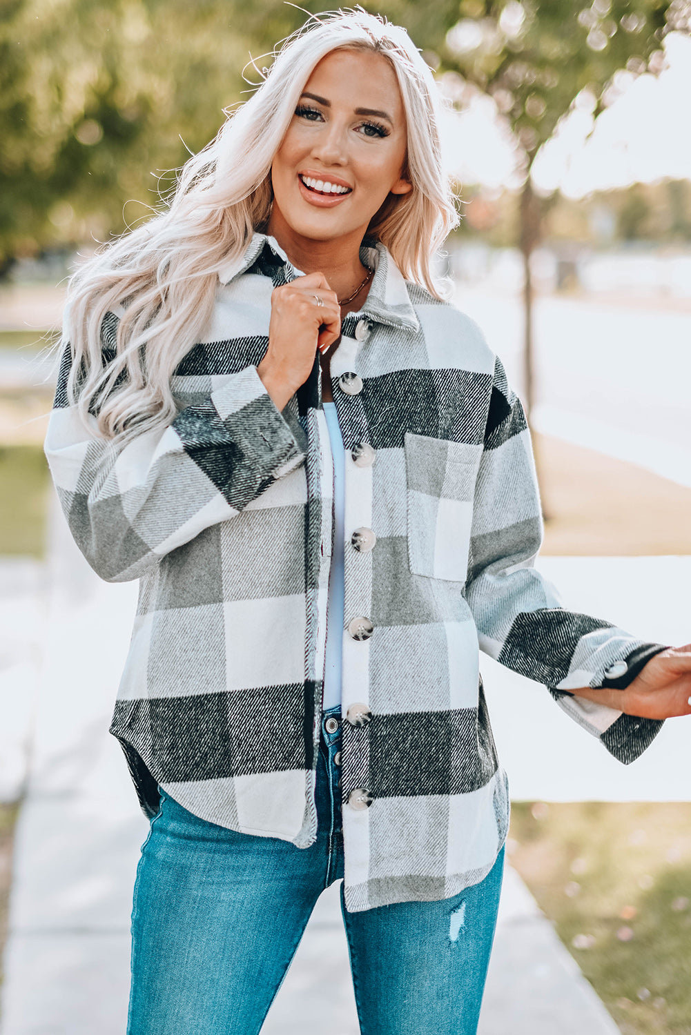 Gray Plus Size Checkered Button-Up Shacket