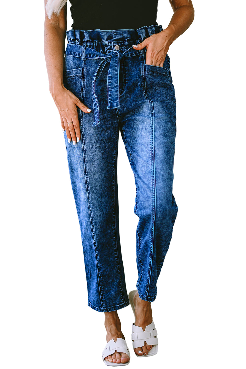 Blue Seamed Stitching High Waist Knot Skinny Jeans