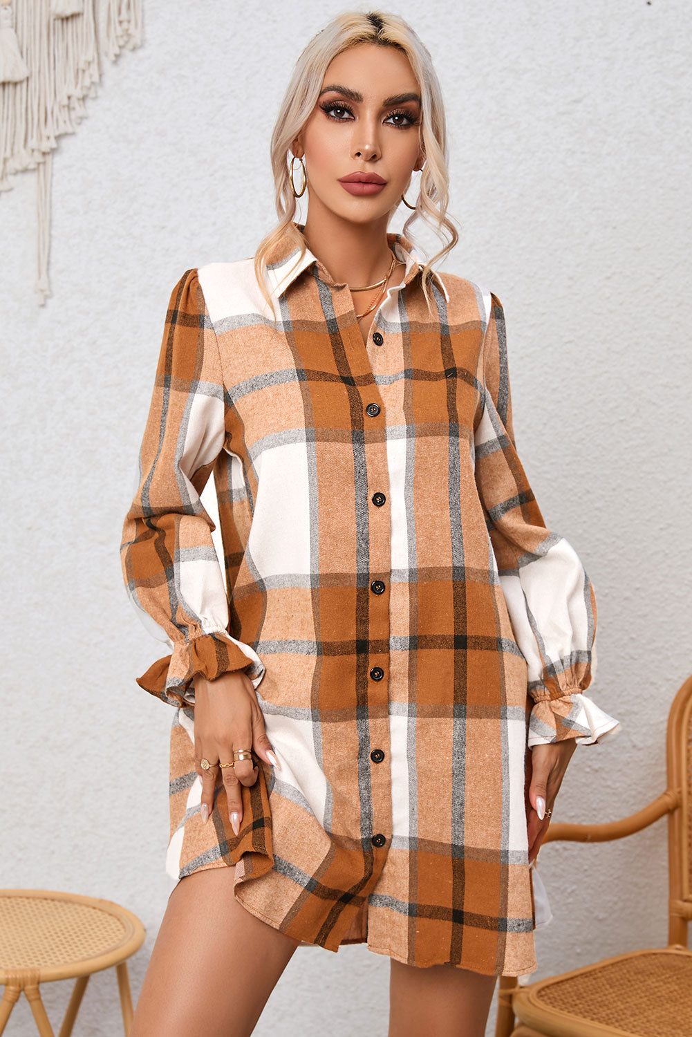 Khaki Plus Size Plaid Flounce Sleeve Button up Shirt Dress