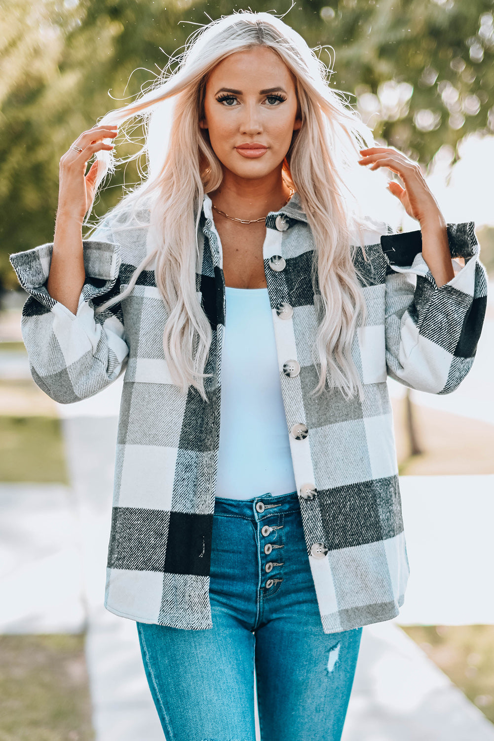 Gray Plus Size Checkered Button-Up Shacket