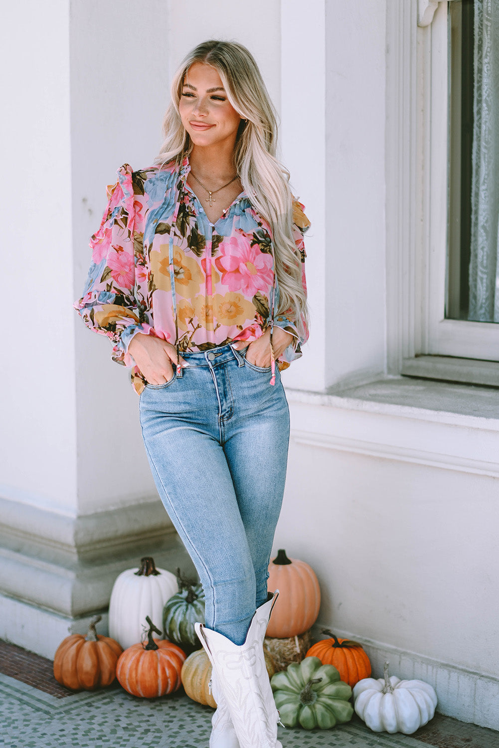 Pink Notched Neck Ruffle Floral Dress