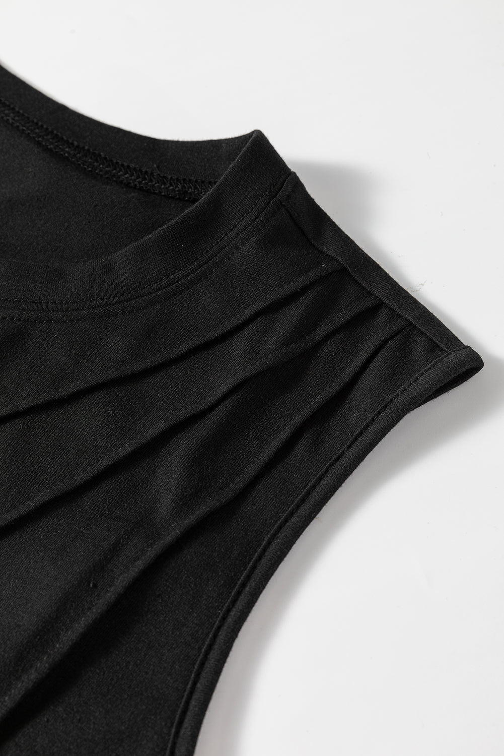 Black Crew Neck Pleated Tank Top