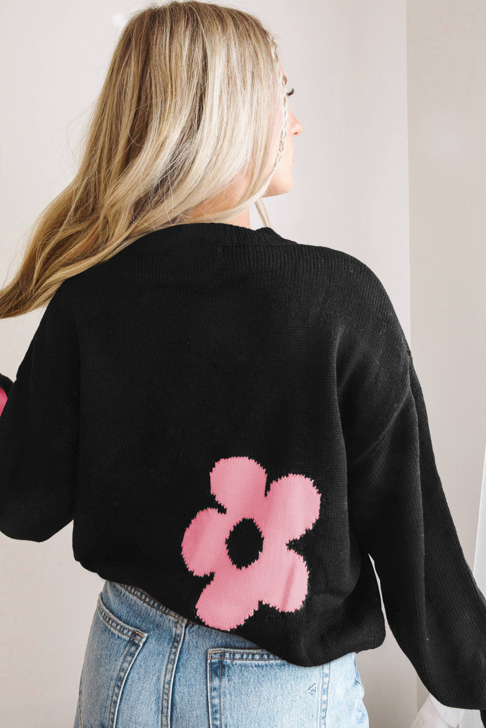 Khaki Big Flower Pattern Drop Shoulder Sweater