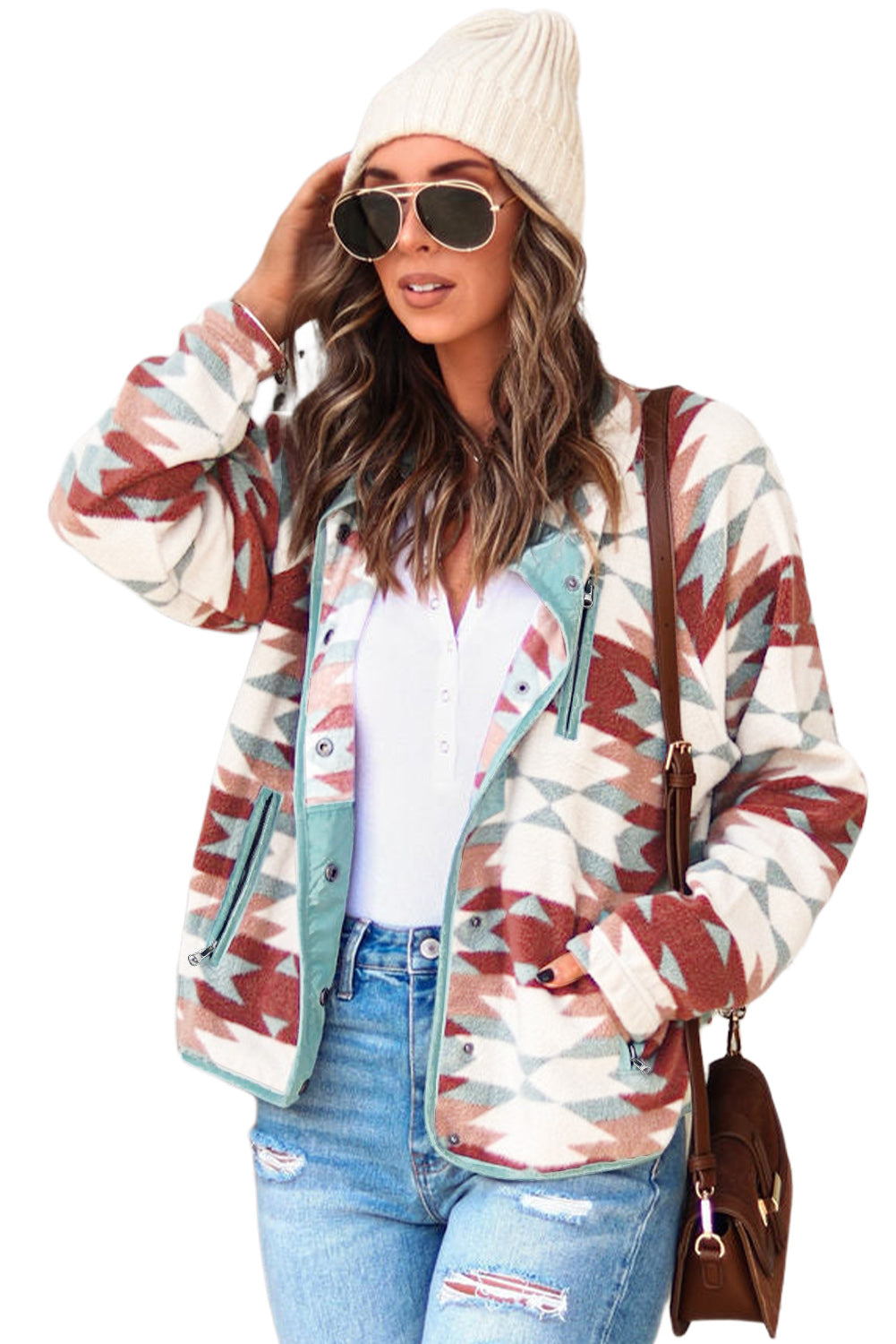 Fiery Red Geometric Aztec Pattern Plus Size Fleece Jacket