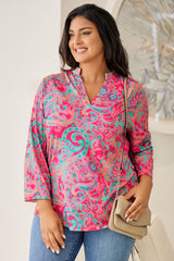 Pink Printed Plus Size Paisley Print V Neck Roll Tab Sleeve Blouse