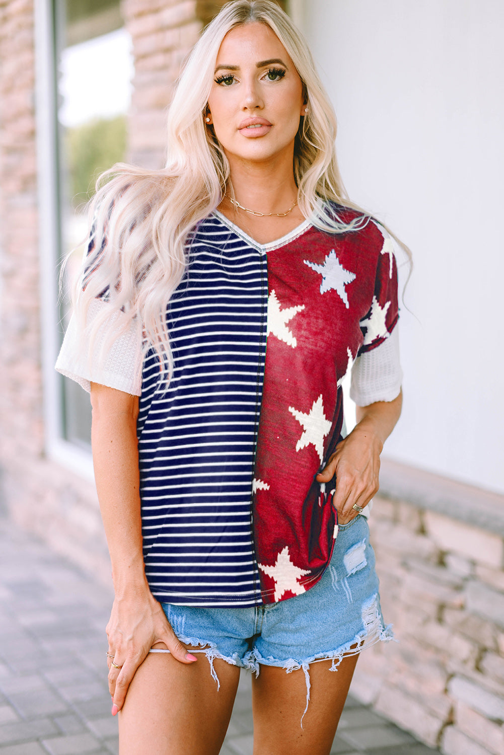 Multicolor Stripes Stars Print Knit Short Sleeves Top