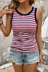 Black Stripe Contrast Round Neck Sleeveless Slim Top