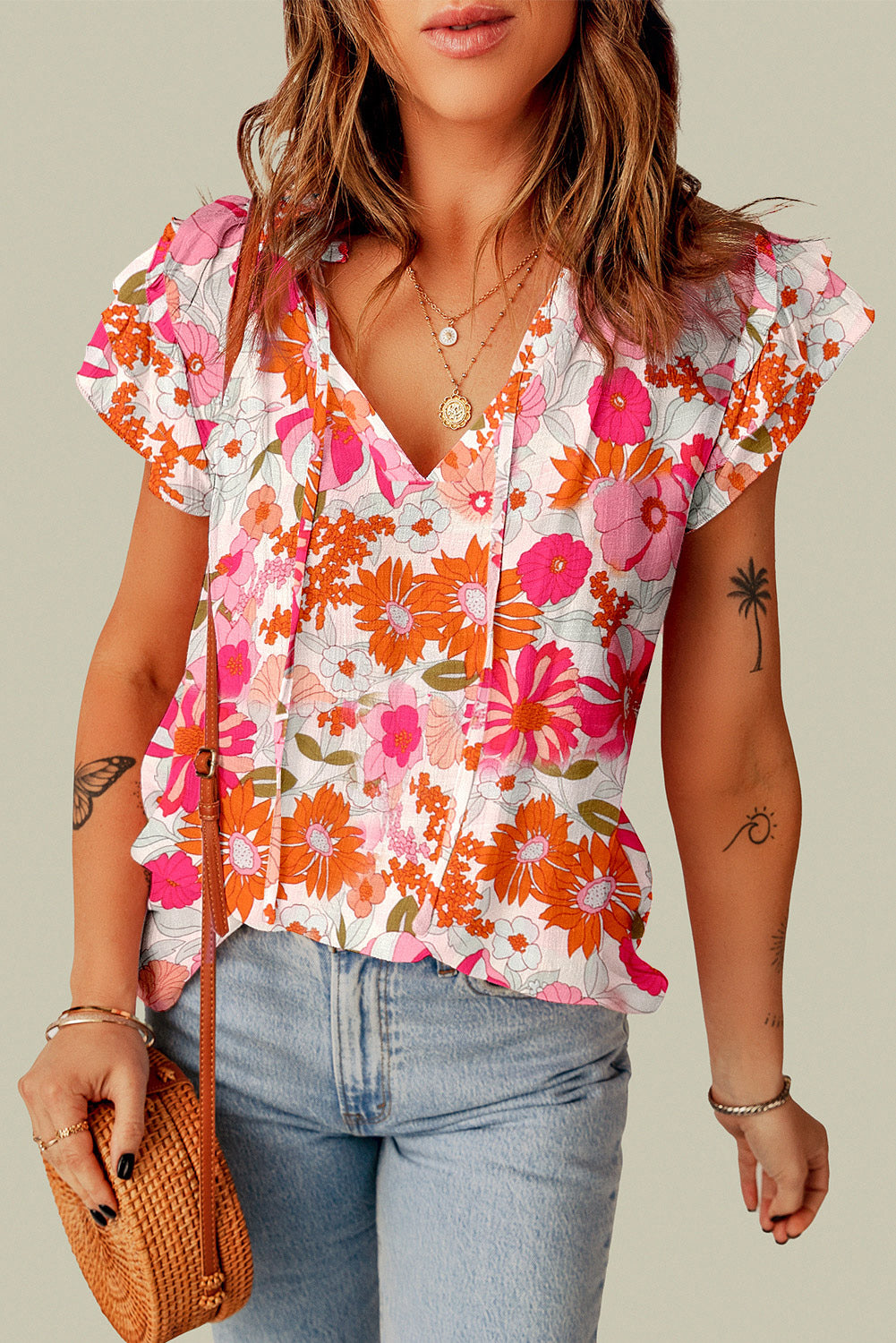 Multicolor Boho Flower Print Puff Short Sleeve Top