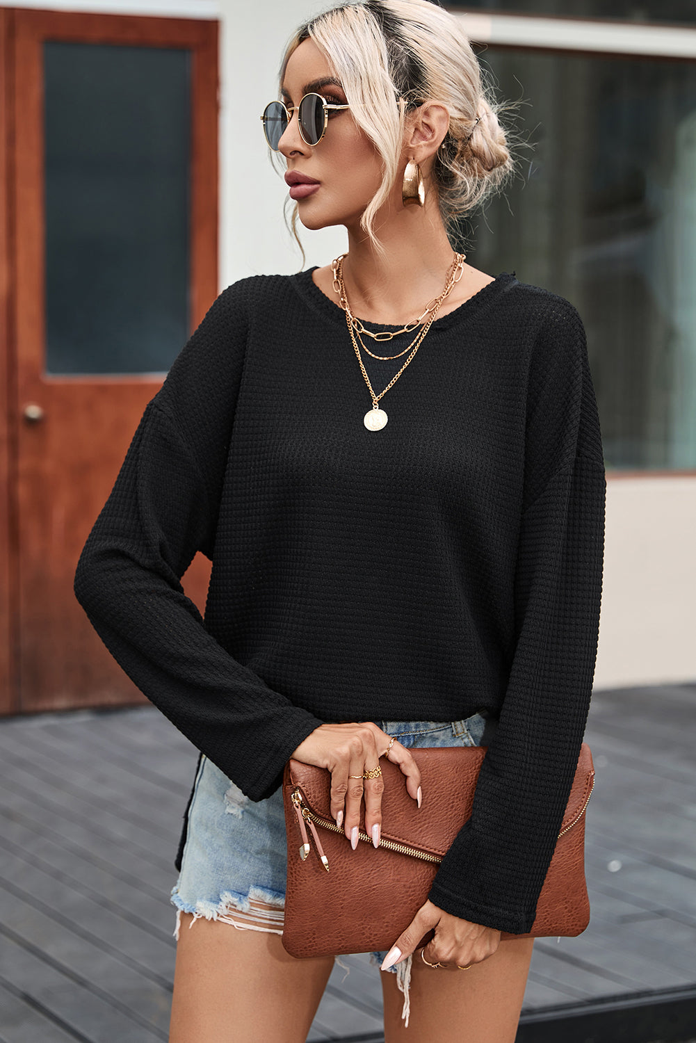 Khaki Waffle Knit High Slits Oversized Top