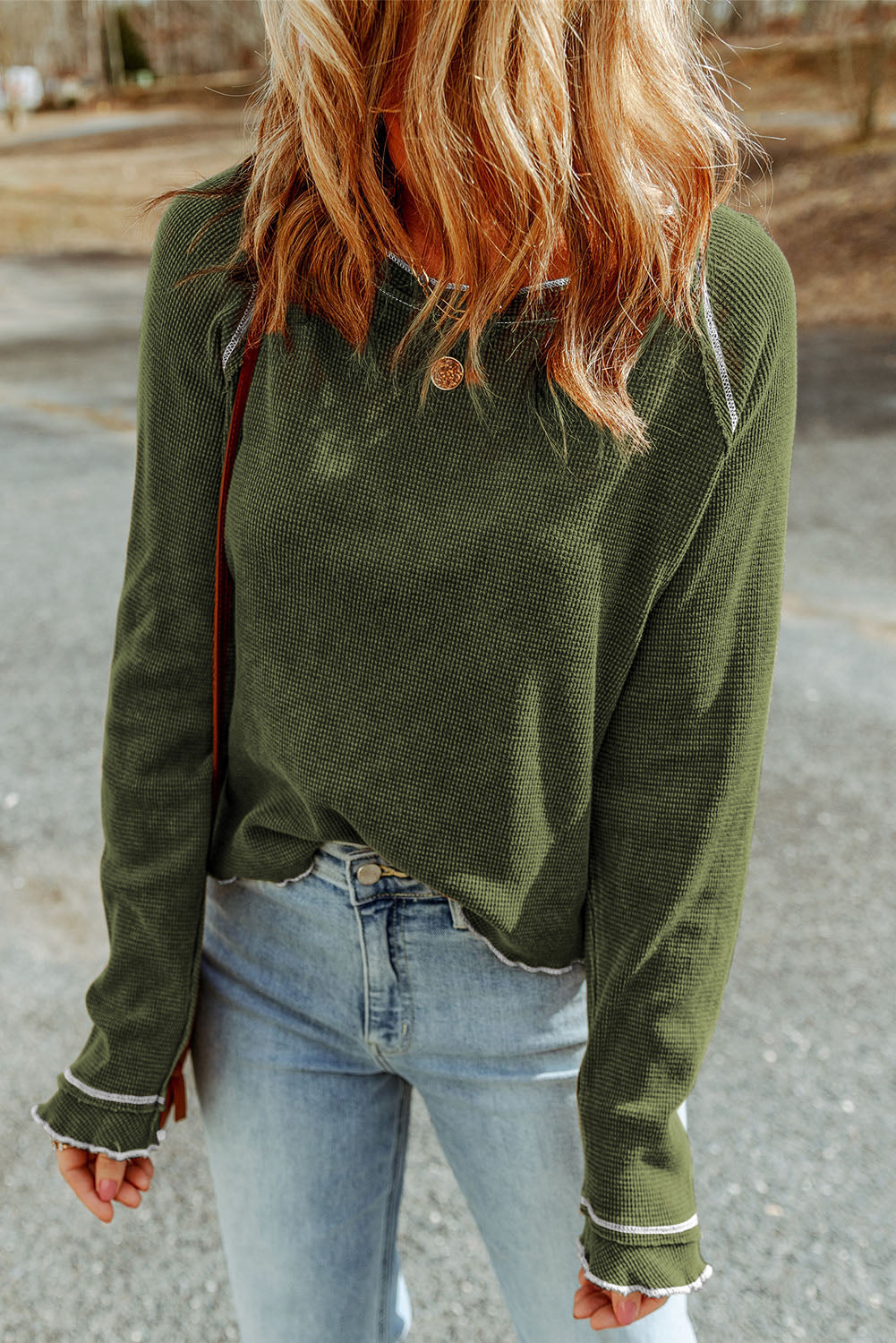 Fiery Red Textured Round Neck Long Sleeve Top