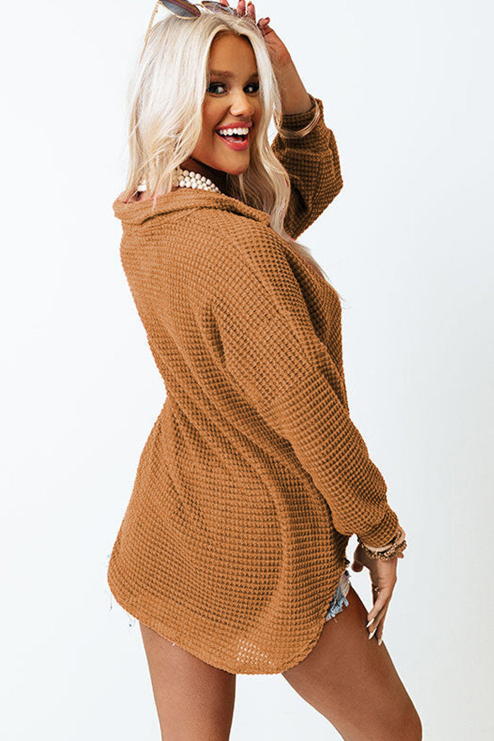 Black Plus Size Chest Pocket Waffle Knit Shirt