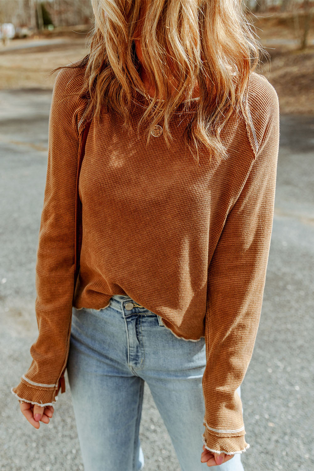 Fiery Red Textured Round Neck Long Sleeve Top