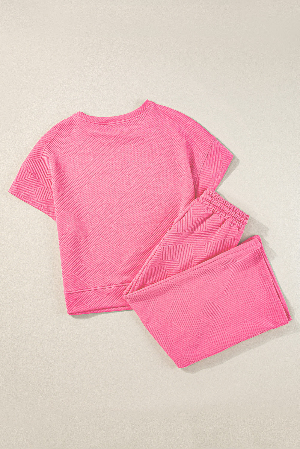 Strawberry Pink Textured Loose Fit T Shirt and Drawstring Pants Set