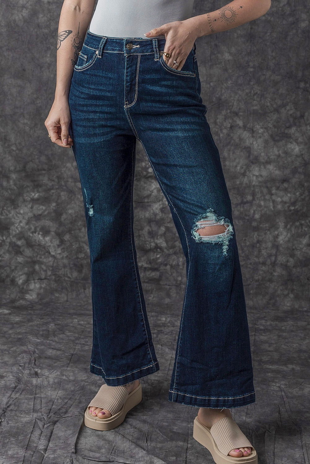 Real Teal High Rise Ripped Bell Bottom Jeans