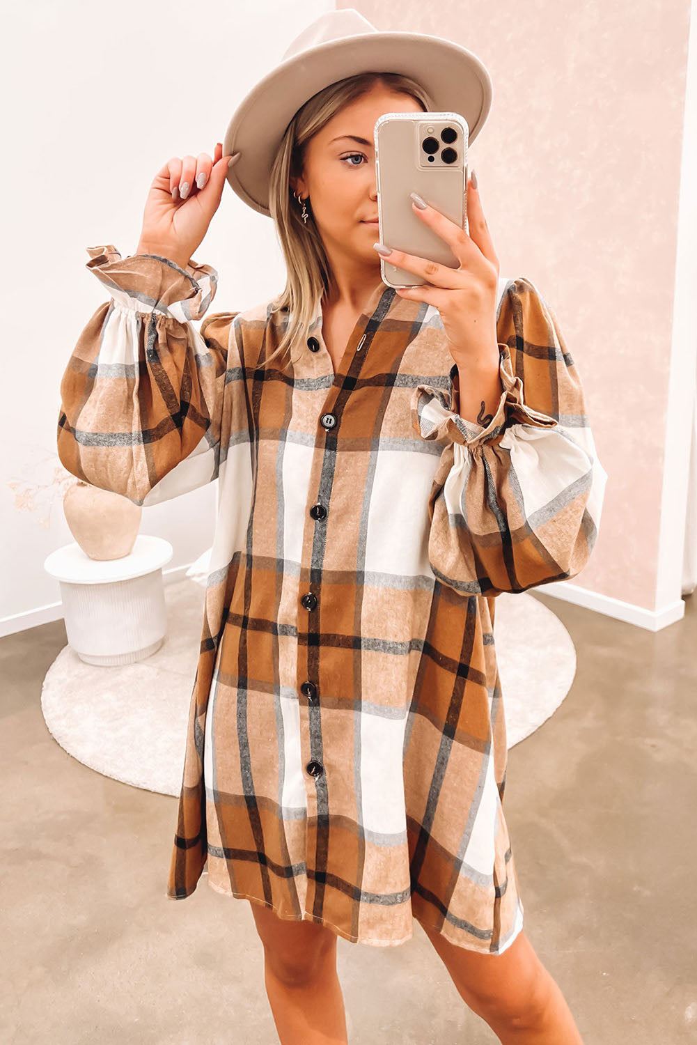 Khaki Plus Size Plaid Flounce Sleeve Button up Shirt Dress