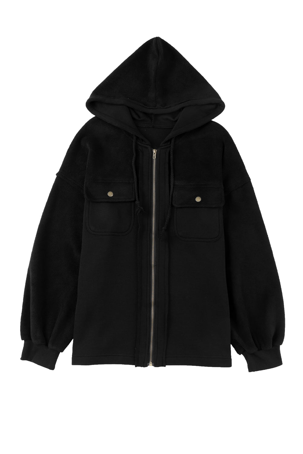 Black Plus Size Bishop Sleeve Zip Up Hooded Jacket