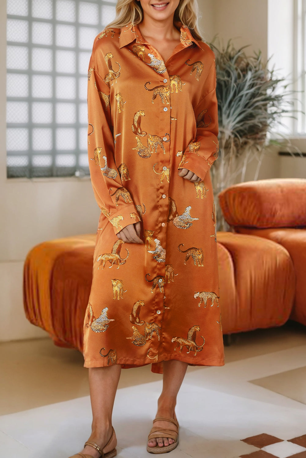 Mustard Cheetah Print Button-Up Split Shirt Dress