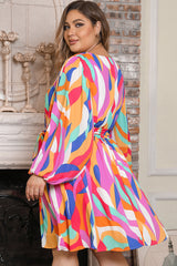 Multicolor Plus Size Abstract Print Oversized Sleeve Belted Dress