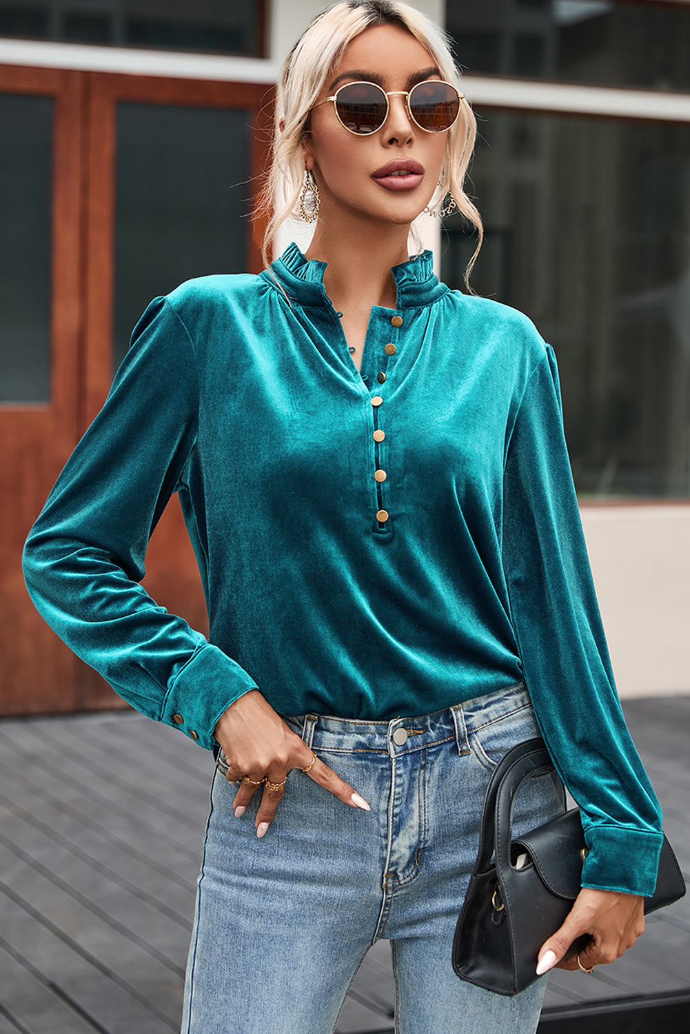 Blackish Green Frilled Neck Buttoned Front Velvet Top