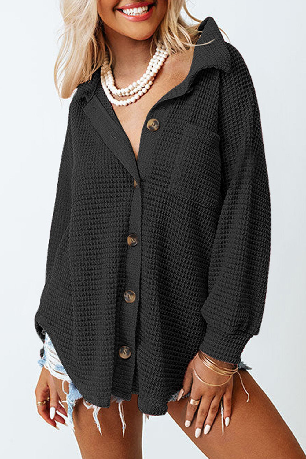 Black Plus Size Chest Pocket Waffle Knit Shirt