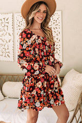 Multicolour Smocked High Waist Long Sleeve Floral Dress