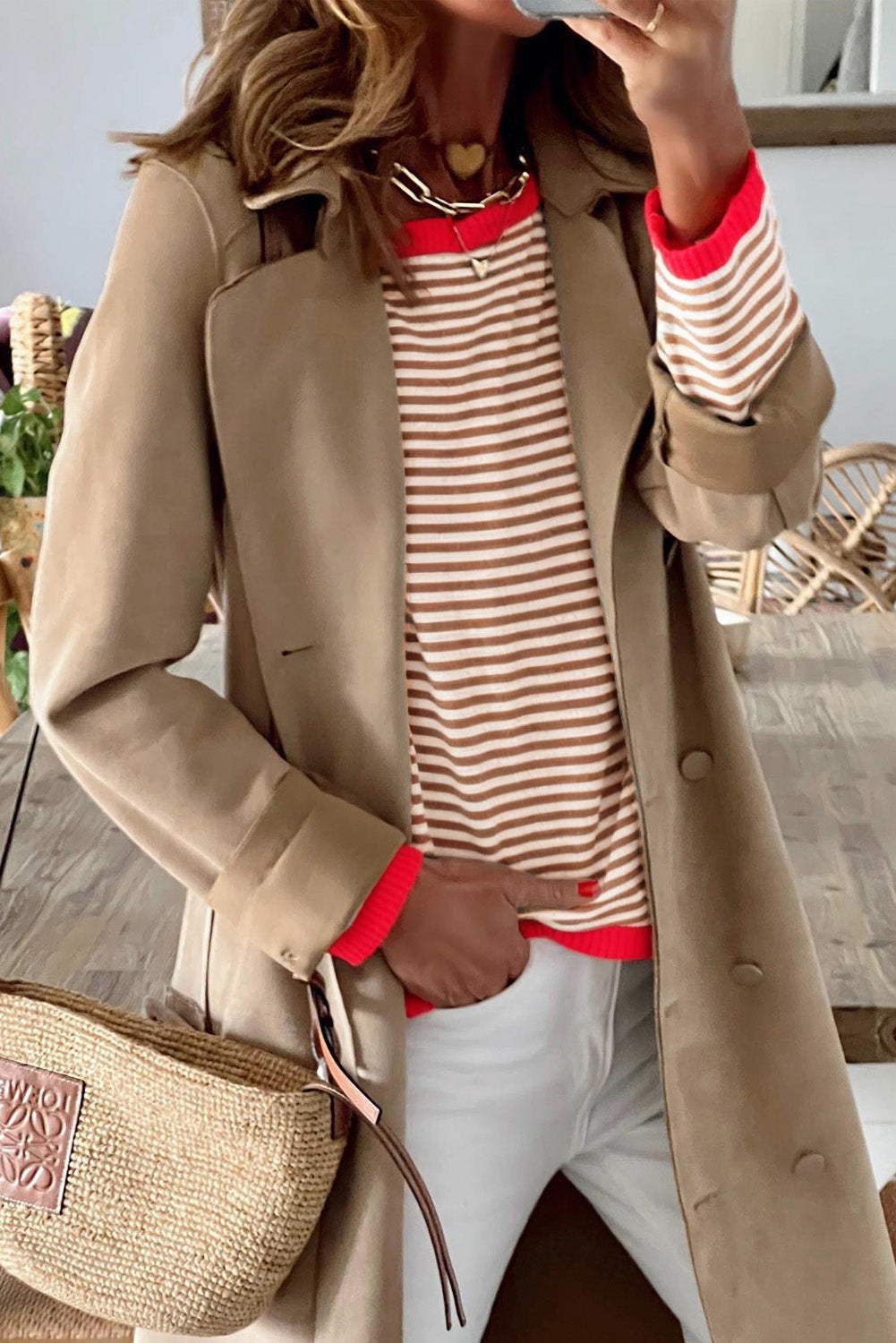 Brown Contrast Trimmed Striped Drop Shoulder Sweater